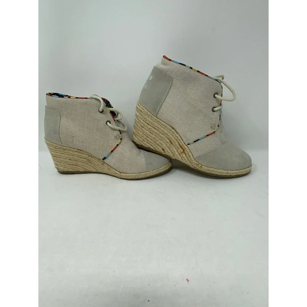 TOMS Desert Wedge Grey Canvas Suede Espadrille Lace Up Ankle Boots 681114